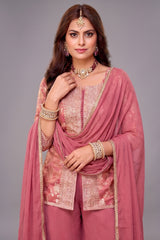 Close-up of woven patterns on Dark Peach Pink Tissue Woven Palazzo Suit