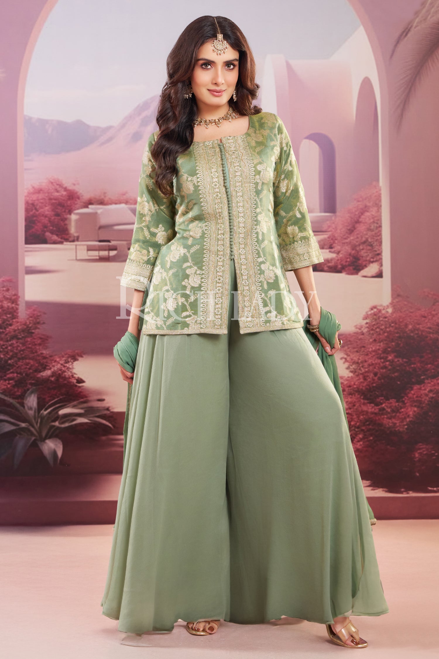 Designer Green Tissue Woven Palazzo Suit for festive wear