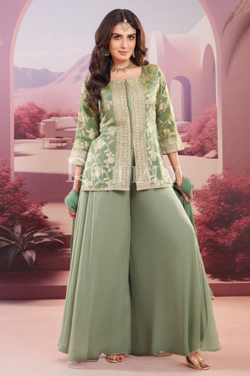 Designer Green Tissue Woven Palazzo Suit for festive wear