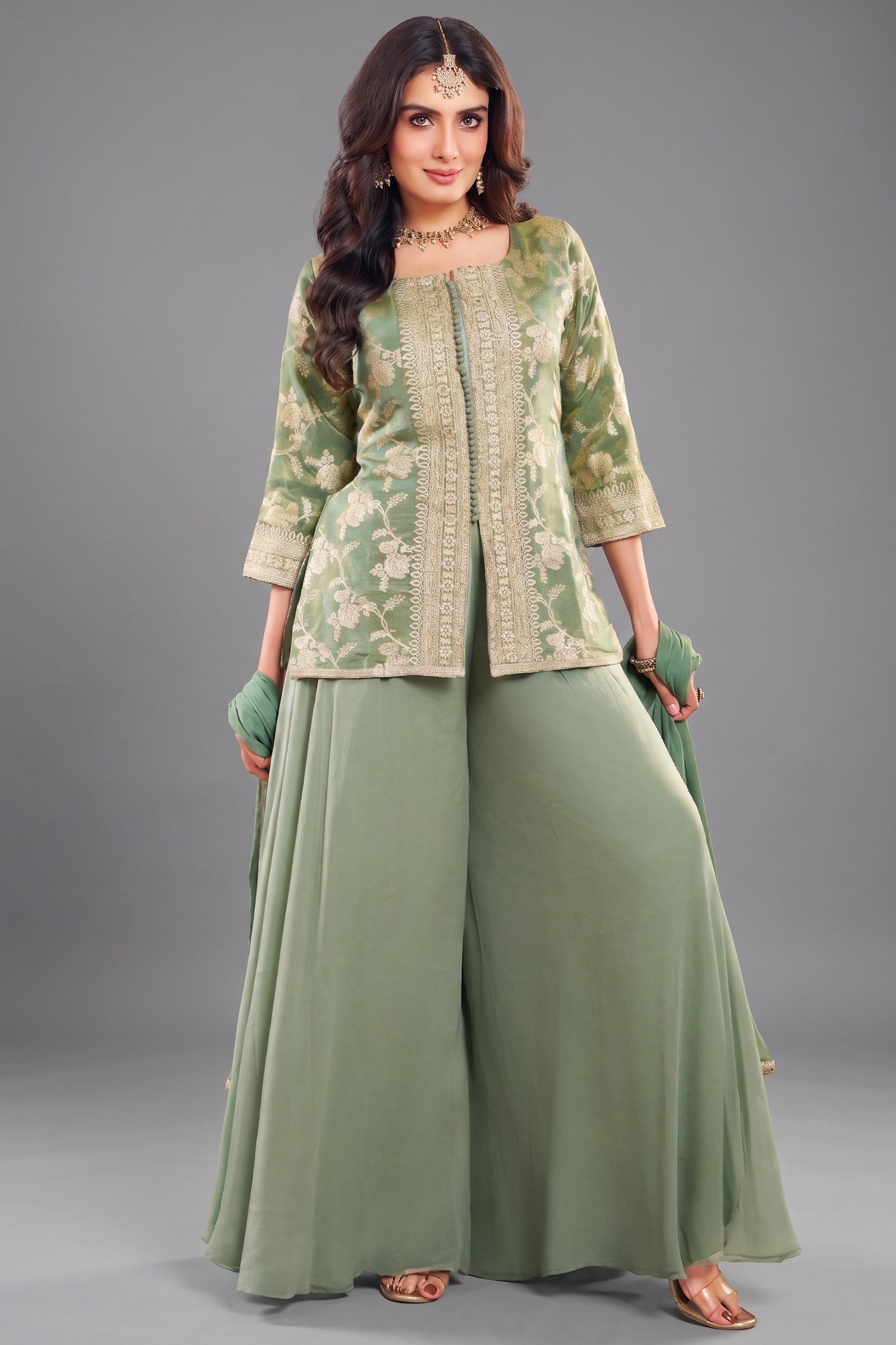 Green Tissue Woven Palazzo Suit - Front View