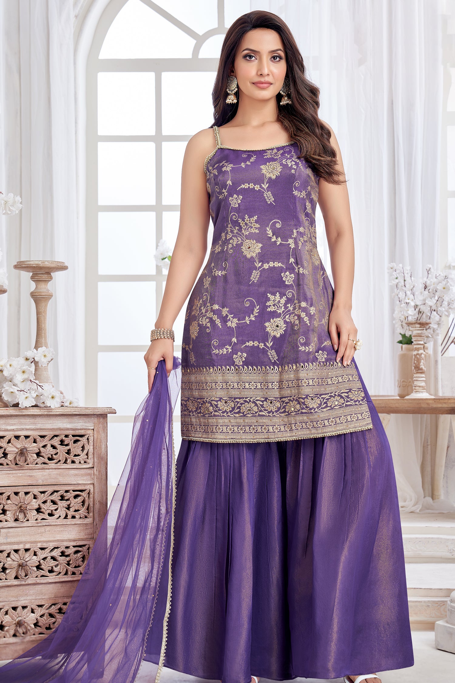 Designer Purple Tissue Floral Woven Sharara Suit for festive wear