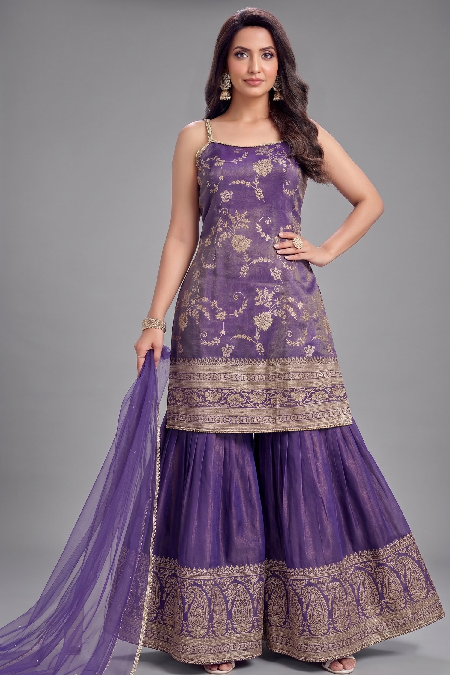 Purple Tissue Floral Woven Sharara Suit - Front View