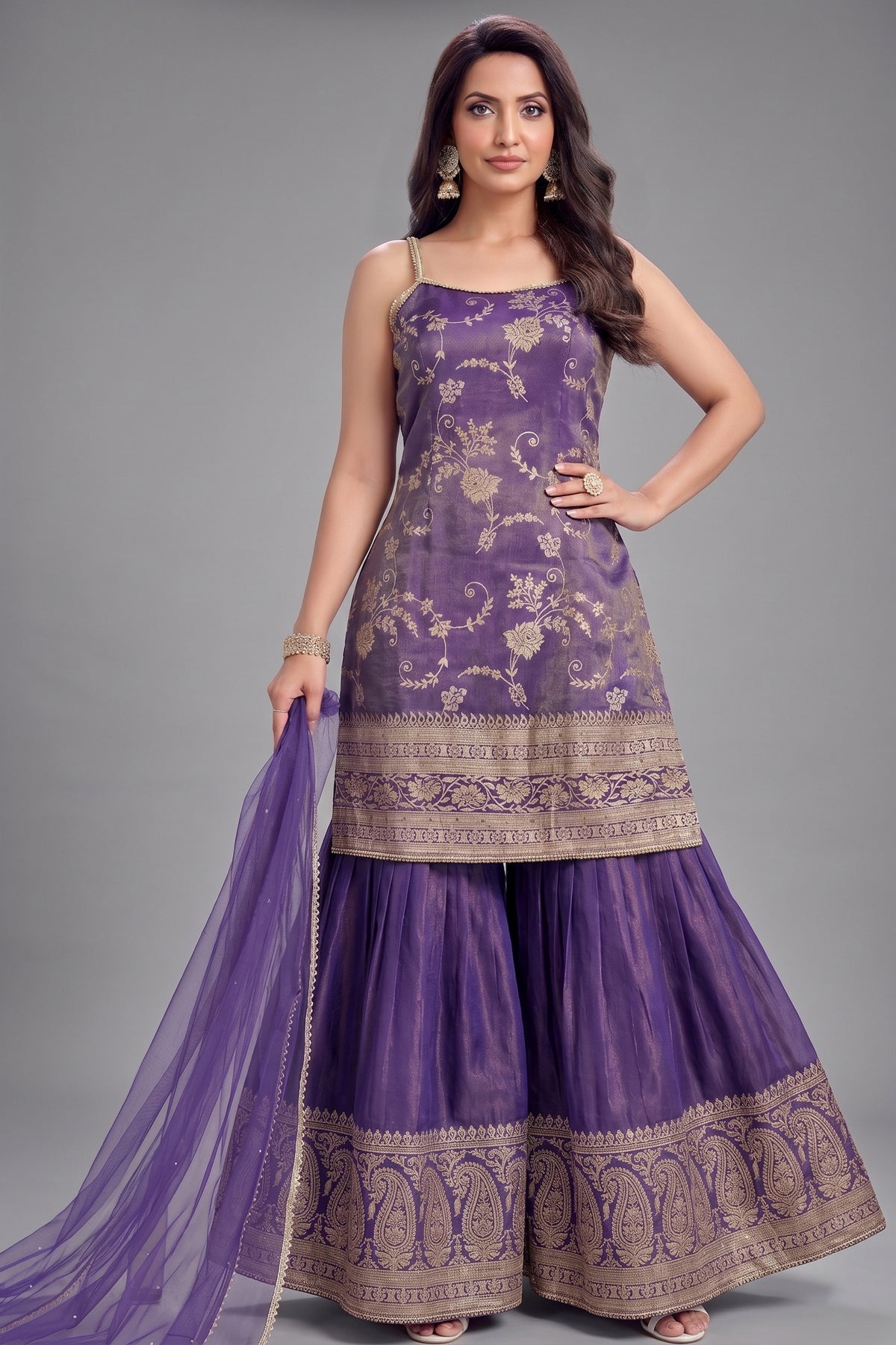 Purple Tissue Floral Woven Sharara Suit - Front View