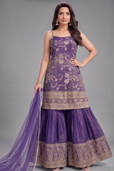 Purple Tissue Floral Woven Sharara Suit - Front View
