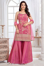 Designer Pink Tissue Floral Woven Sharara Suit for festive wear