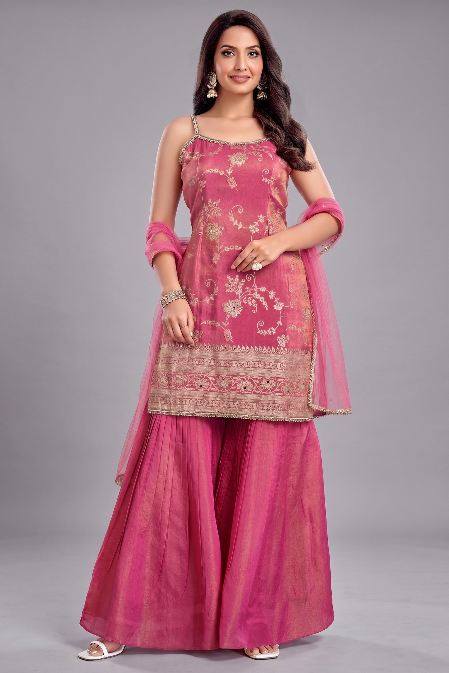 Pink Tissue Floral Woven Sharara Suit - Front View