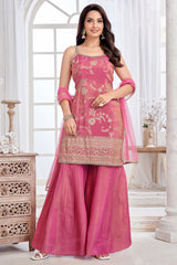 Designer Pink Tissue Floral Woven Sharara Suit for festive wear