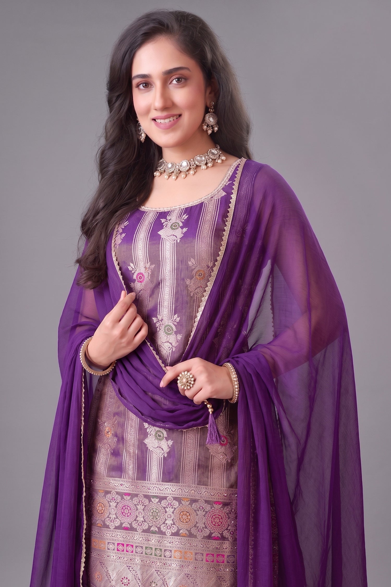 Close-up of woven patterns on Purple Tissue Woven Palazzo Suit