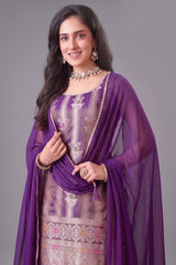Close-up of woven patterns on Purple Tissue Woven Palazzo Suit