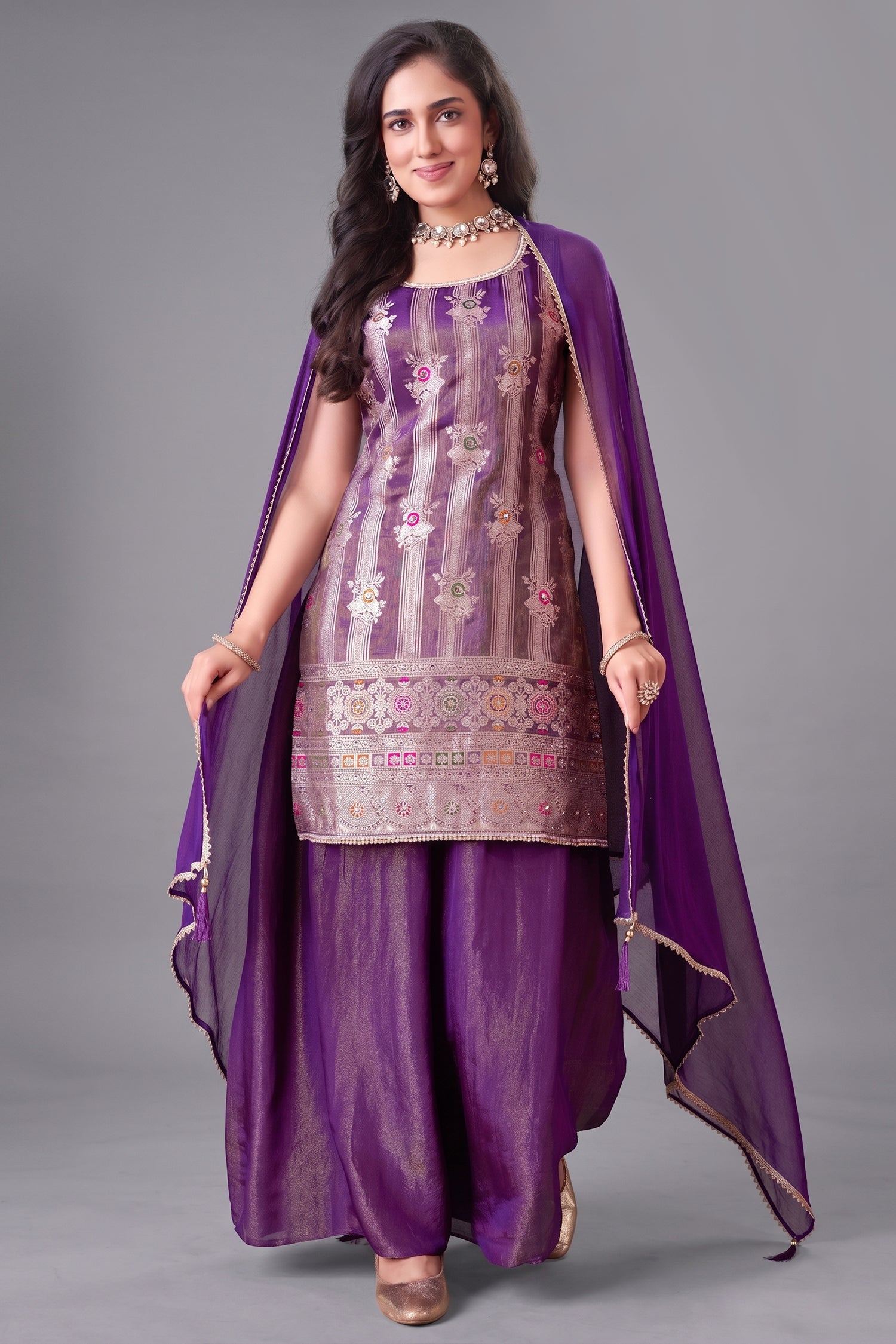 Purple Tissue Woven Palazzo Suit - Front View