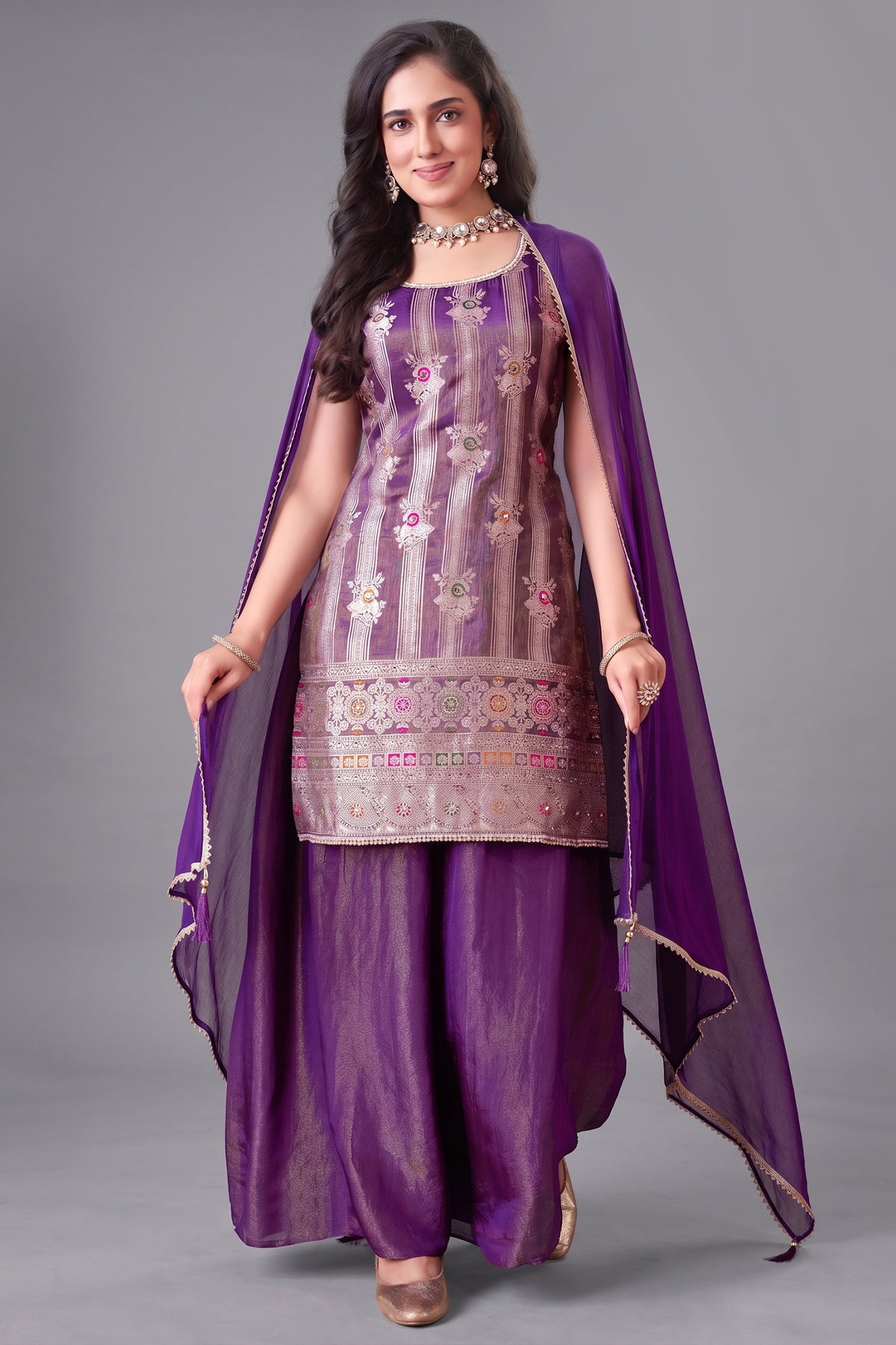 Purple Tissue Woven Palazzo Suit - Front View