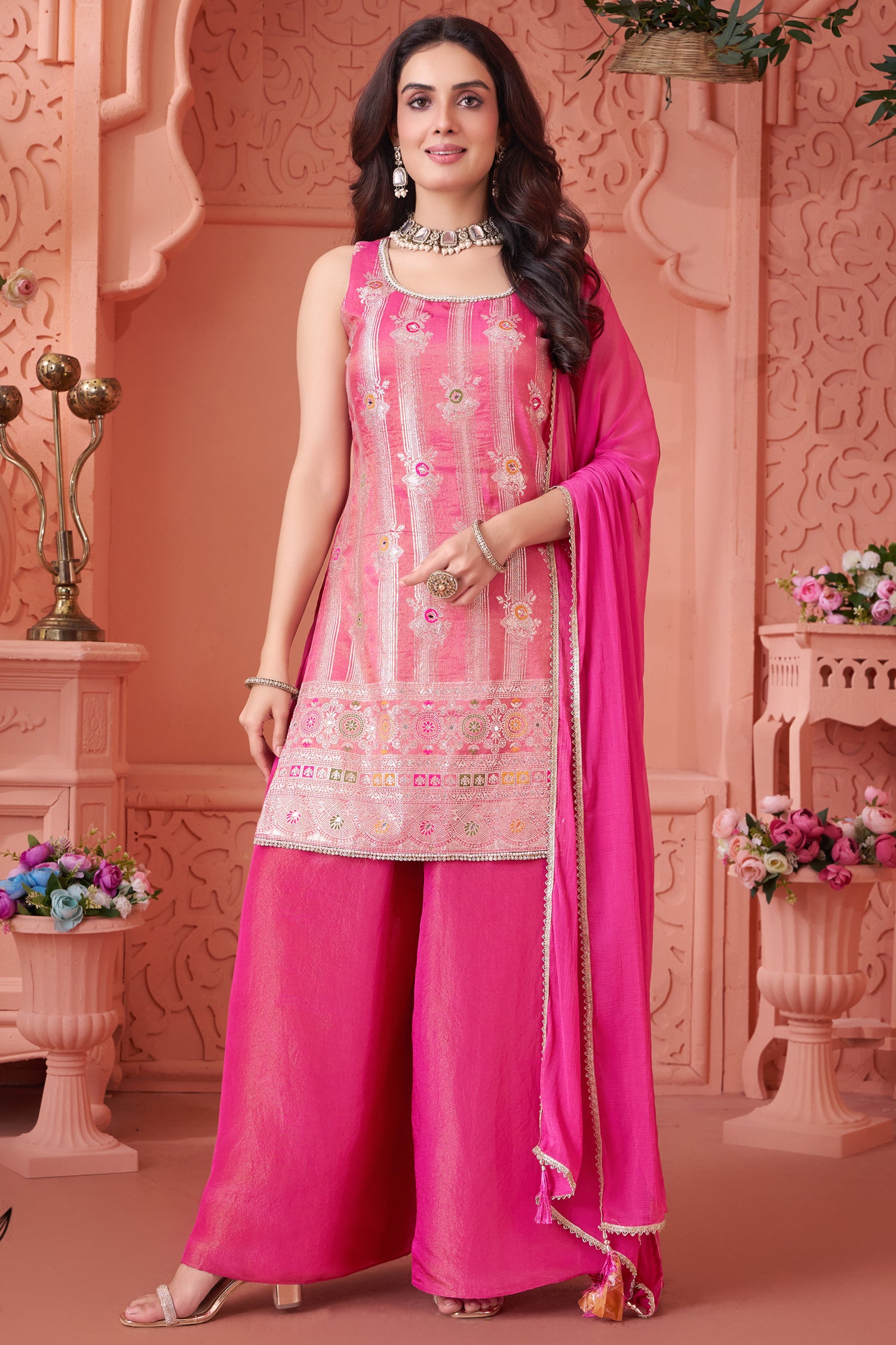 Designer Light Pink Tissue Woven Straight Cut Palazzo Suit for festive wear