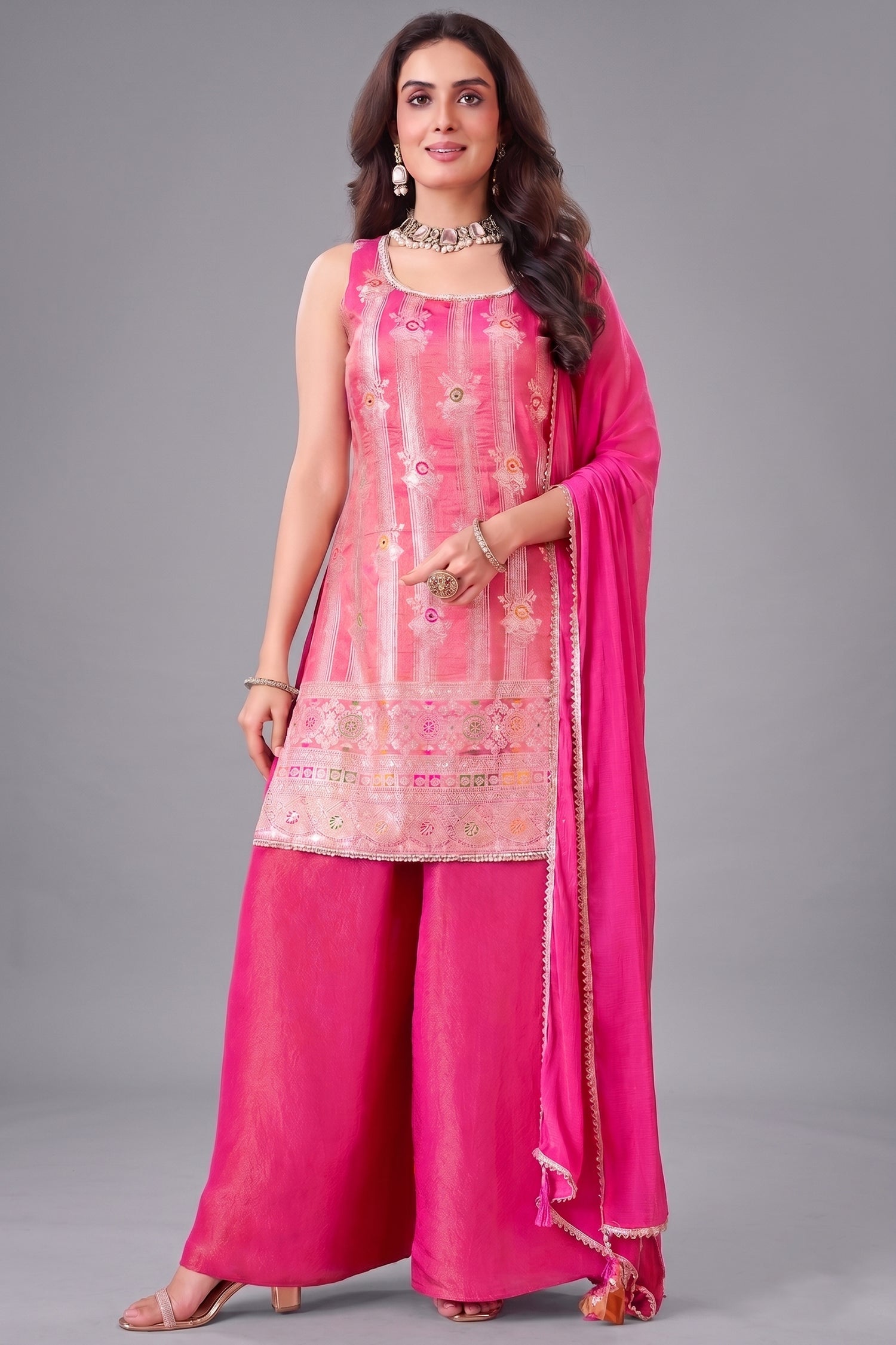 Light Pink Tissue Woven Palazzo Suit - Front View