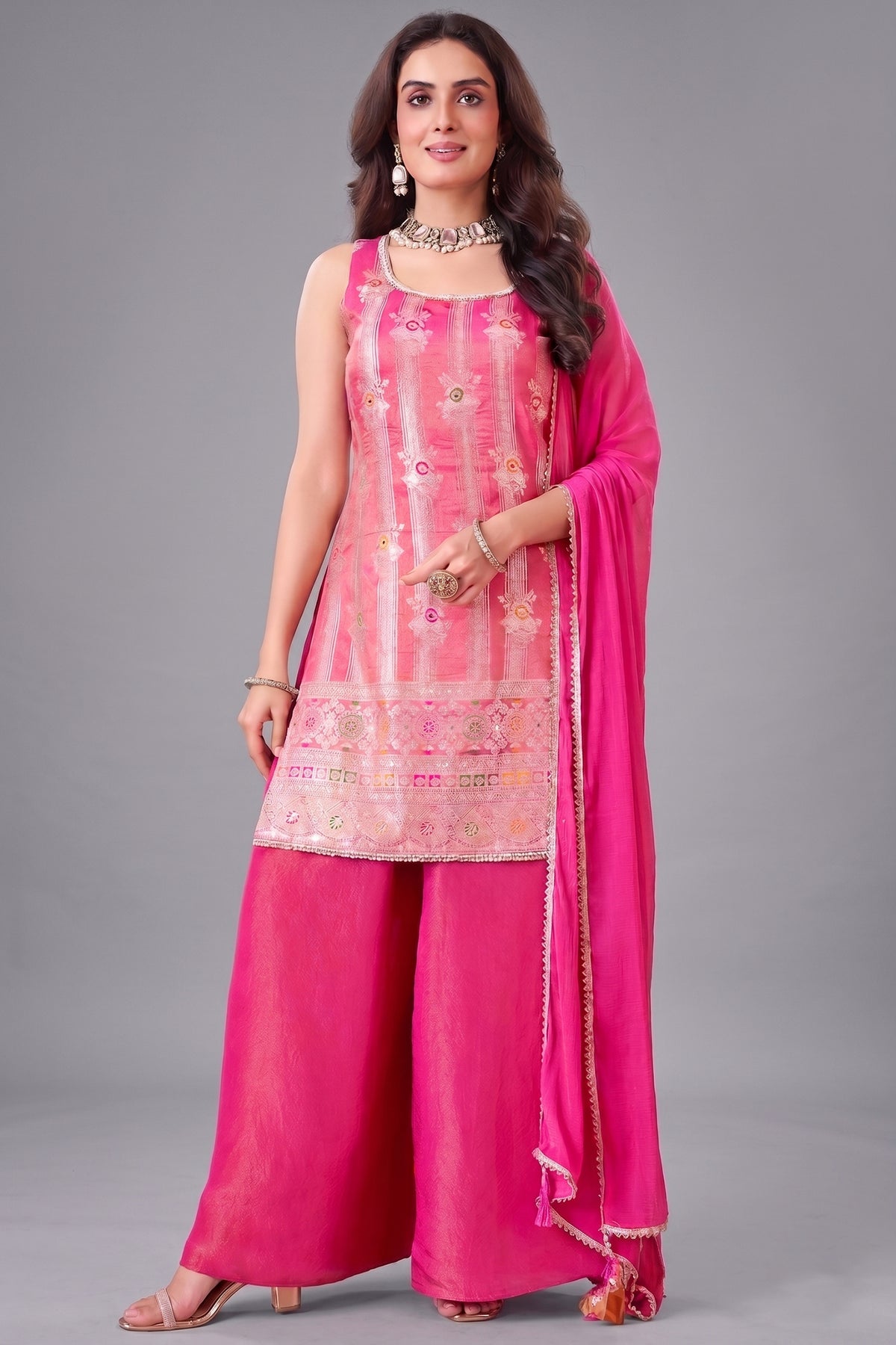 Light Pink Tissue Woven Palazzo Suit - Front View