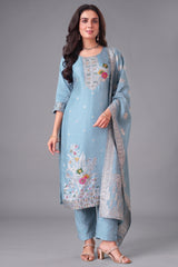 Light Blue Art Silk Woven Straight Cut Suit - Front View