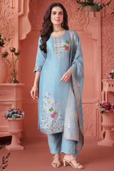 Designer Light Blue Art Silk Woven Straight Cut Suit for festive wear