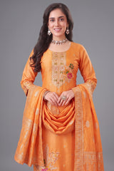 Close-up of woven patterns on Orange Art Silk Woven Straight Cut Suit