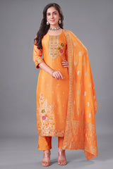 Orange Art Silk Woven Straight Cut Suit - Front View
