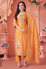 Designer Orange Art Silk Woven Straight Cut Suit for festive wear