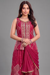 Close-up of intricate woven patterns on Rani Pink Georgette Palazzo Suit