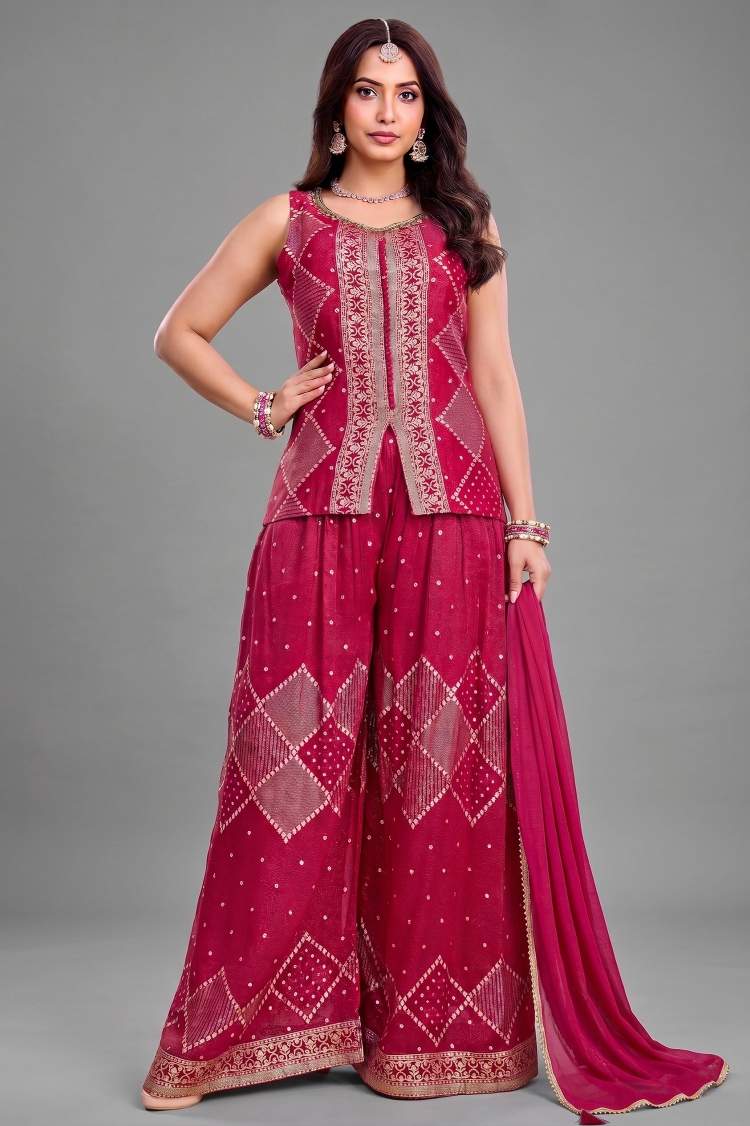 Rani Pink Georgette Woven Palazzo Suit - Front View