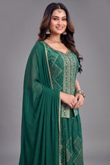 Close-up of intricate woven patterns on Teal Green Georgette Palazzo Suit