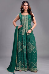 Teal Green Georgette Woven Palazzo Suit - Front View