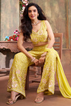 Close-up of Cutdana and Sequin work on Lime Green Glass Tissue Palazzo Set