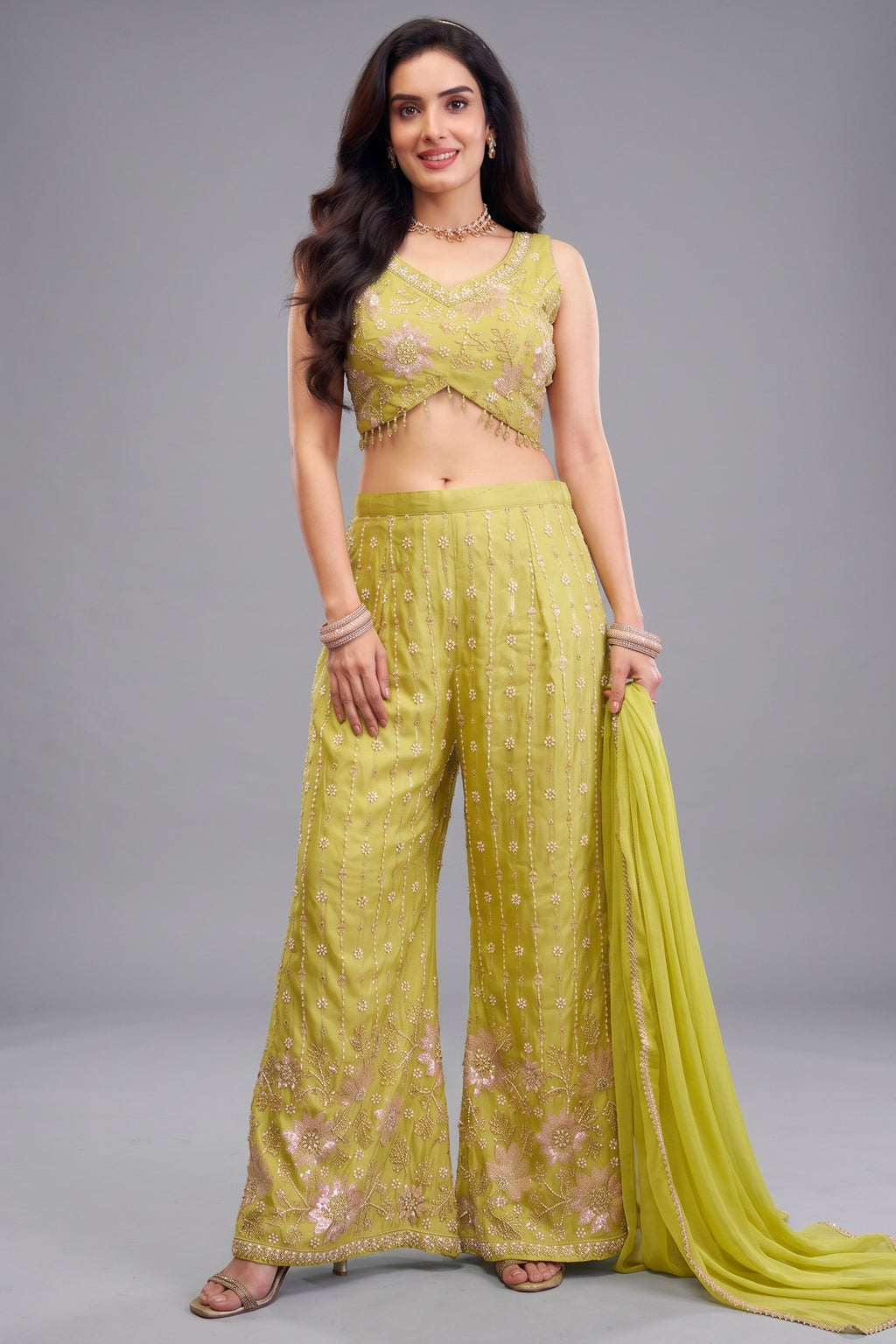 Lime Green Glass Tissue Palazzo Set with Cutdana and Sequin Work - Front View