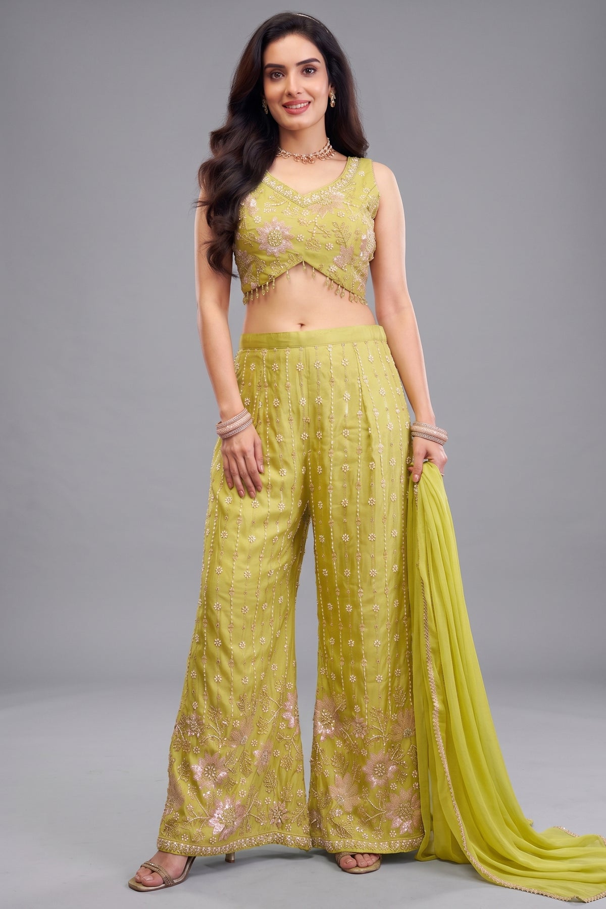 Lime Green Glass Tissue Palazzo Set with Cutdana and Sequin Work - Front View
