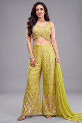 Lime Green Glass Tissue Palazzo Set with Cutdana and Sequin Work - Front View