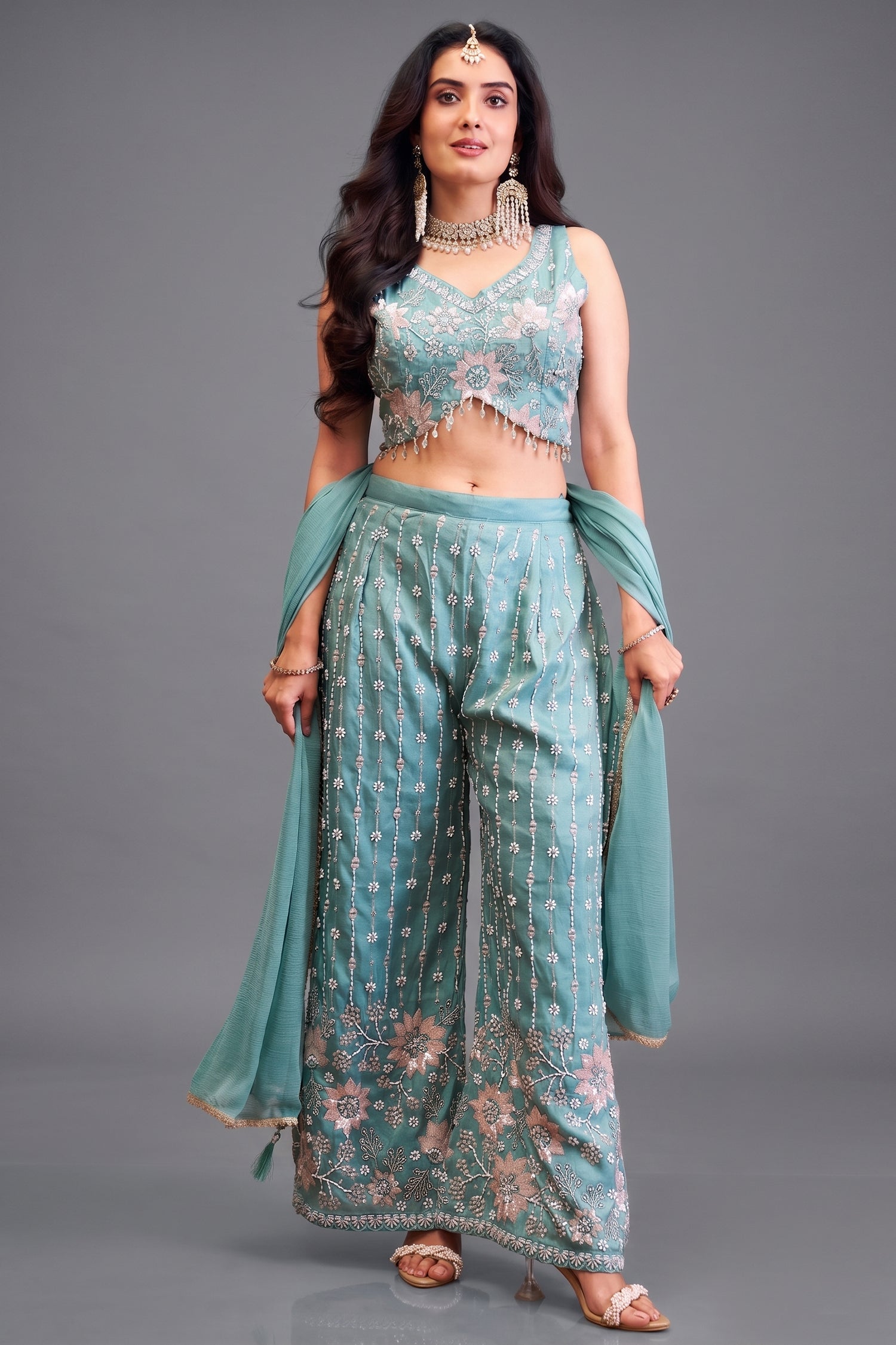 Sky Blue Glass Tissue Palazzo Set with Cutdana and Sequin Work - Front View