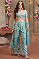 Designer Sky Blue Glass Tissue Palazzo Set for festive wear and weddings