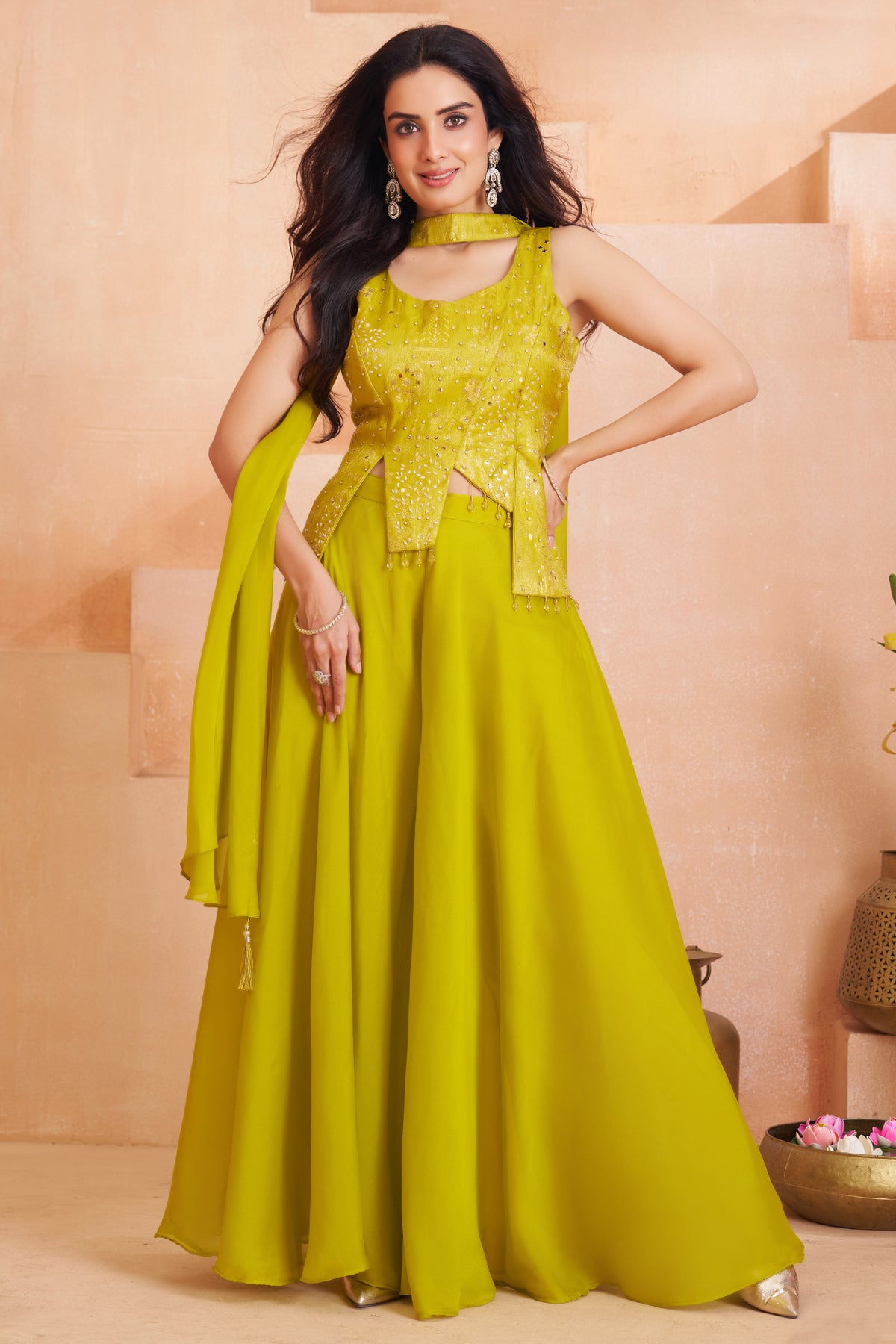 Designer Lime Green Art Silk Asymmetrical Palazzo Set for festive wear