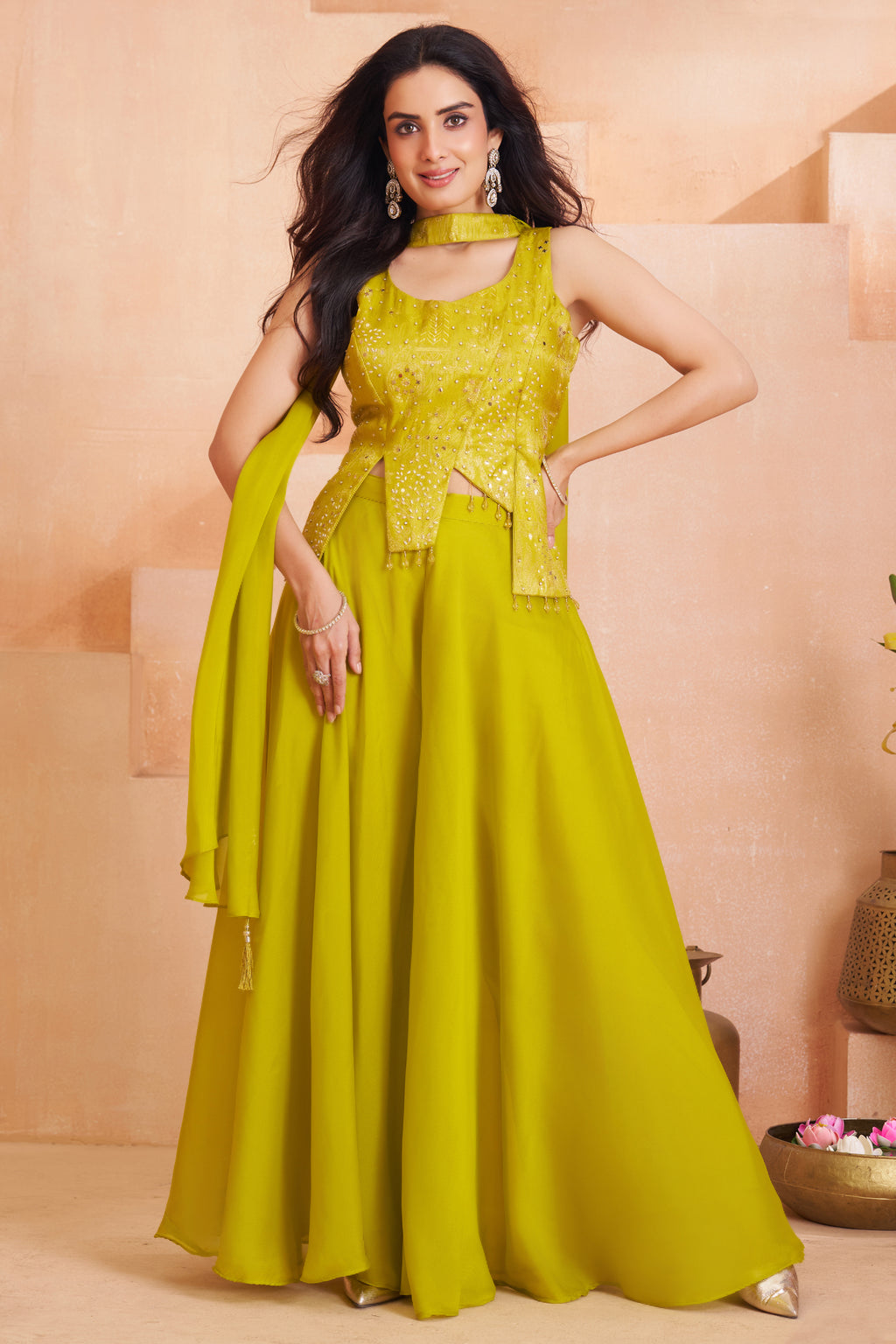 Designer Lime Green Art Silk Asymmetrical Palazzo Set for festive wear