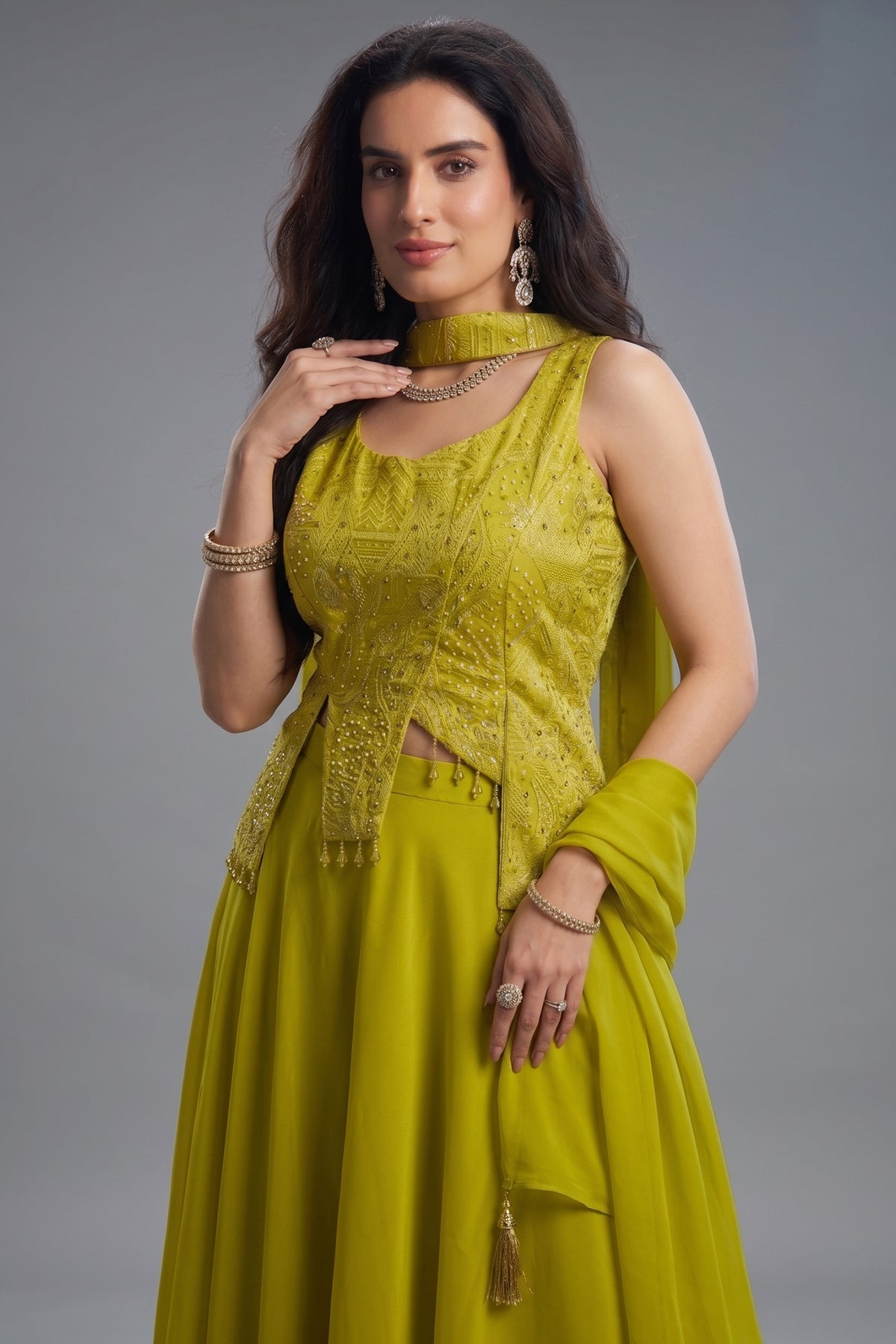 Close-up of asymmetrical cut and art silk fabric on Lime Green Palazzo Set