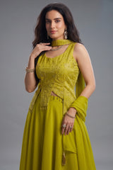 Close-up of asymmetrical cut and art silk fabric on Lime Green Palazzo Set