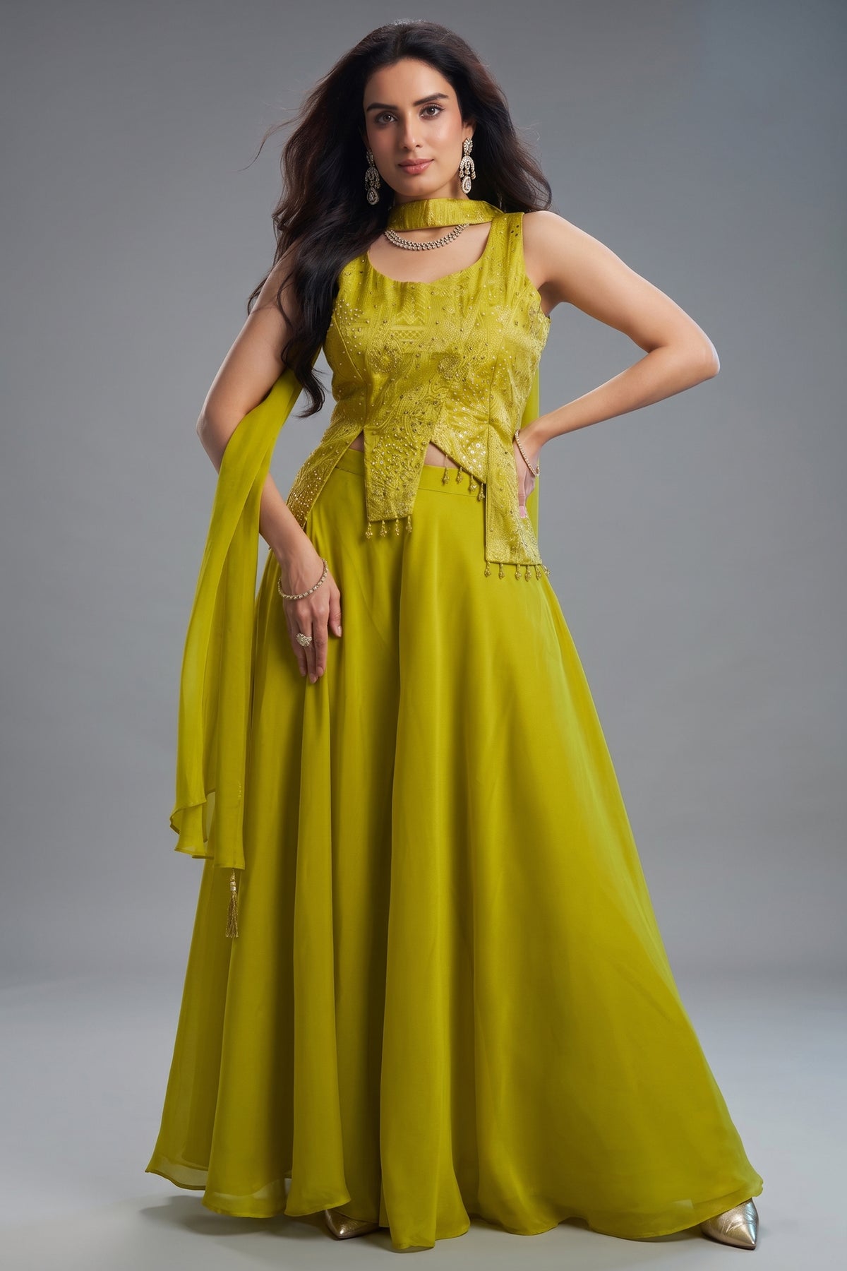 Lime Green Art Silk Asymmetrical Palazzo Set - Front View