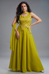 Lime Green Art Silk Asymmetrical Palazzo Set - Front View