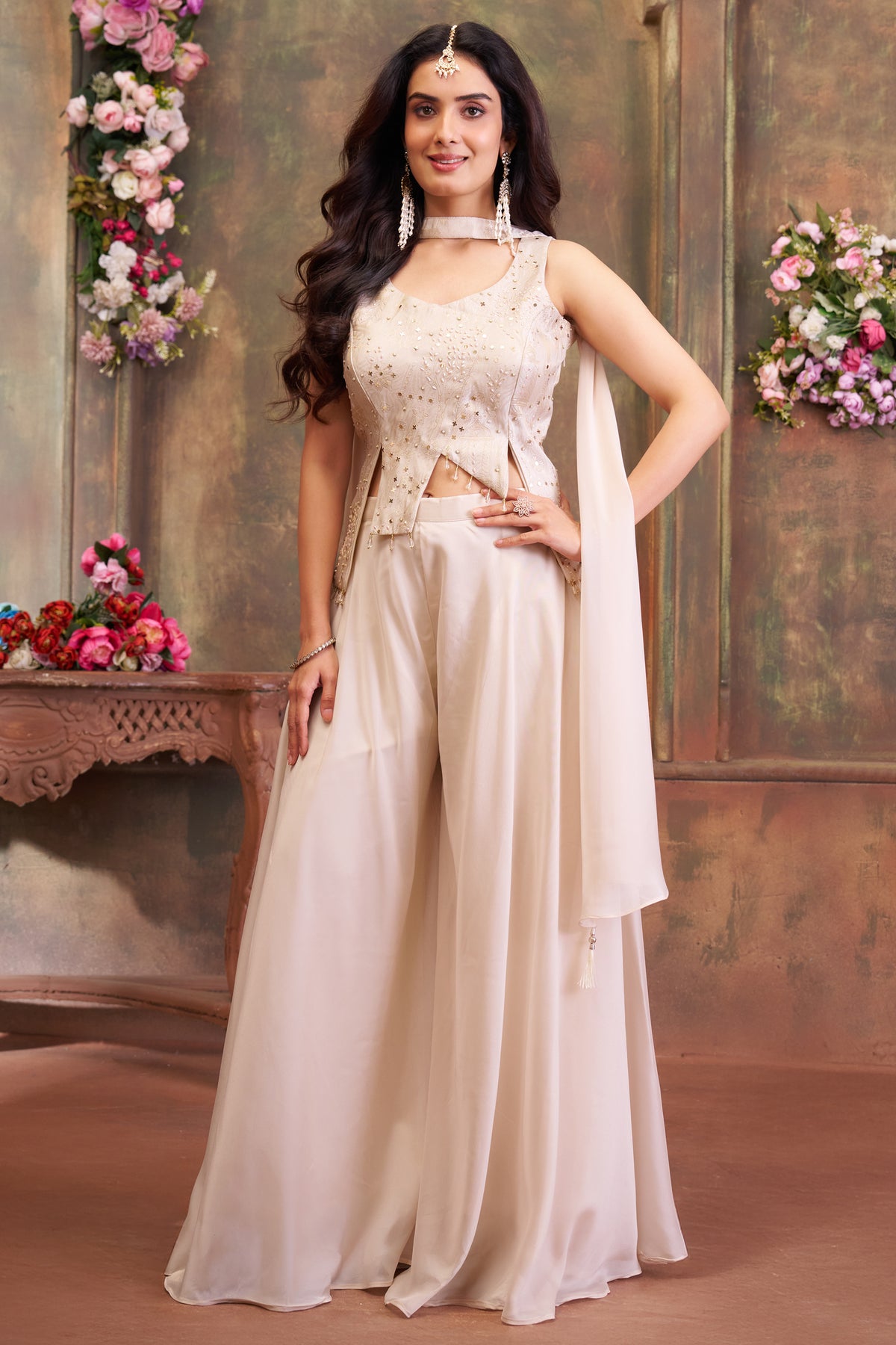 Off White Art Silk Asymmetrical Palazzo Suit featuring elegant design and flowy palazzo pants.