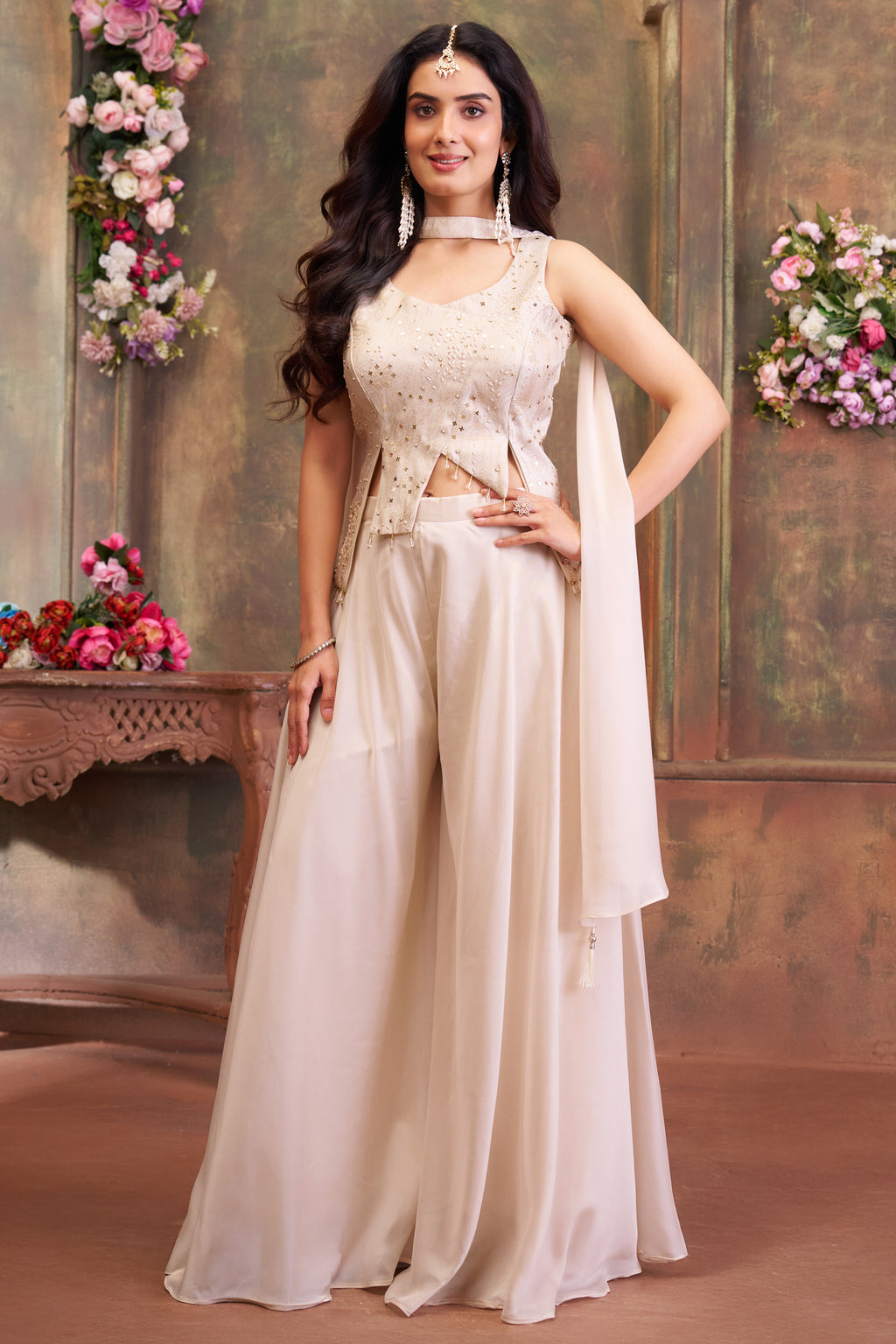 Off White Art Silk Asymmetrical Palazzo Suit featuring elegant design and flowy palazzo pants.