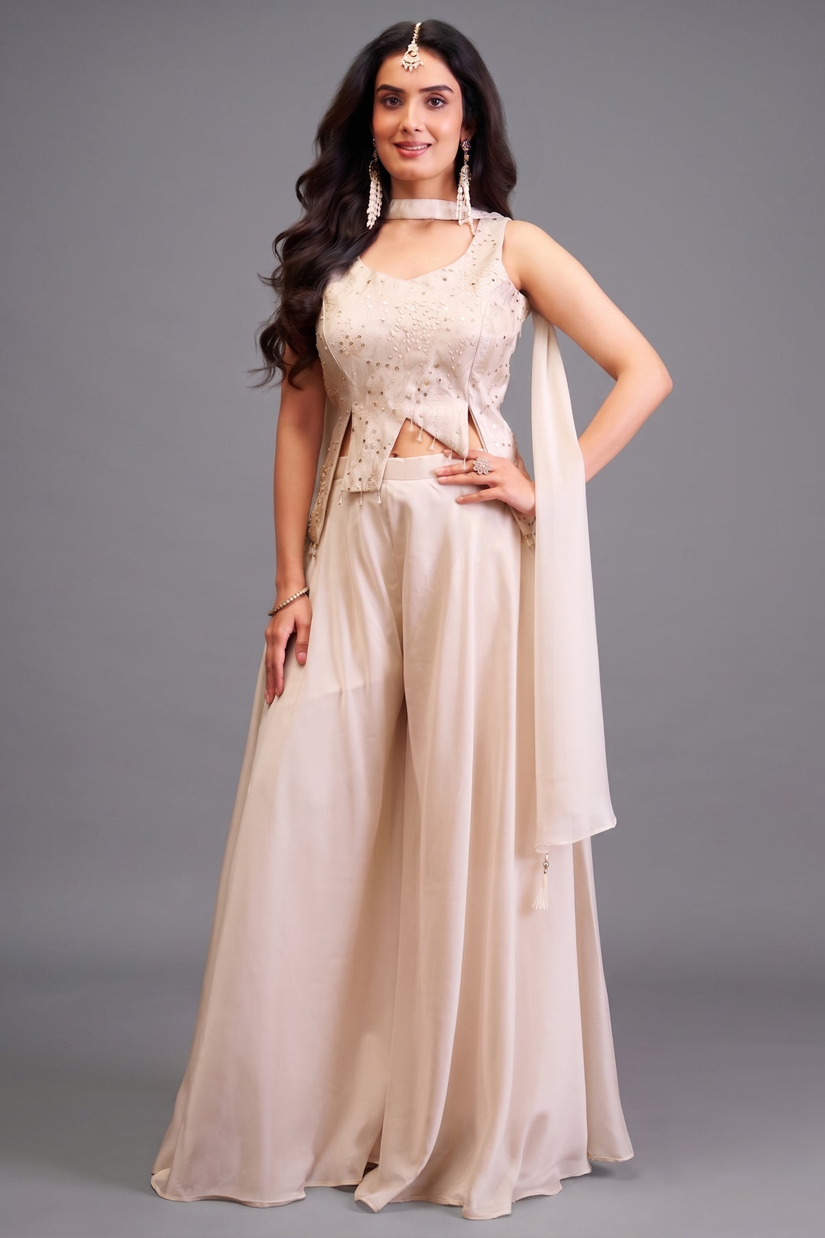Off White Art Silk Asymmetrical Palazzo Suit - Front View