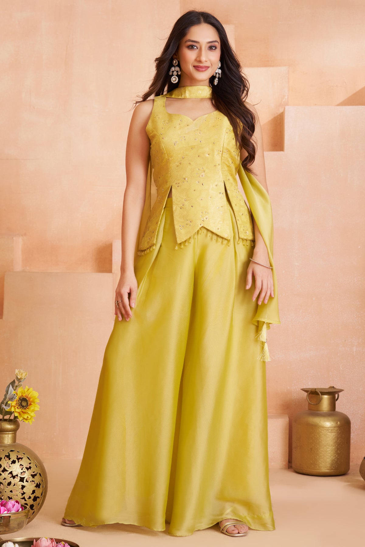 Designer Light Yellow Art Silk Asymmetrical Top and Palazzo Suit for festive wear