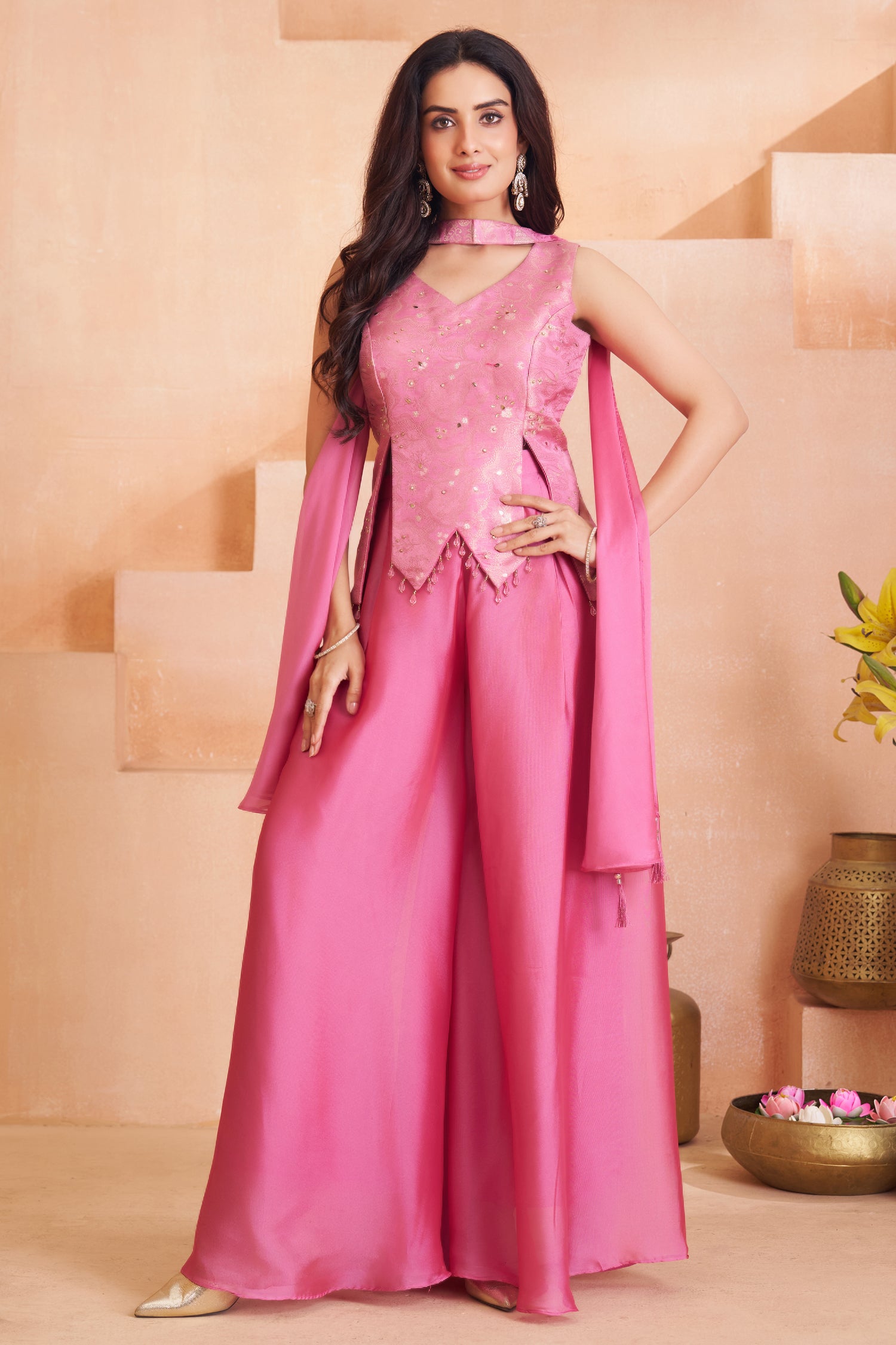 Designer Light Pink Art Silk Asymmetrical Top and Palazzo Suit for festive wear