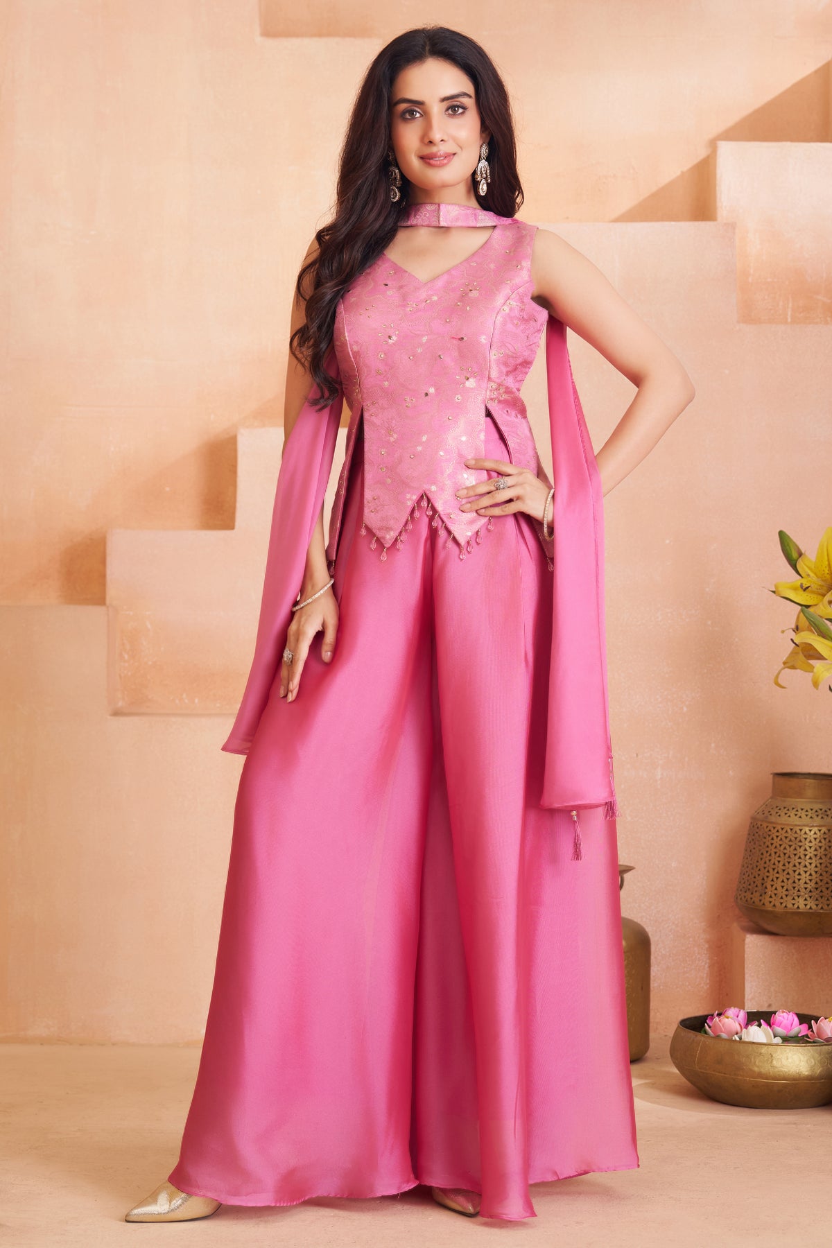 Designer Light Pink Art Silk Asymmetrical Top and Palazzo Suit for festive wear