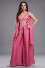 Light Pink Art Silk Asymmetrical Top and Palazzo Suit - Front View