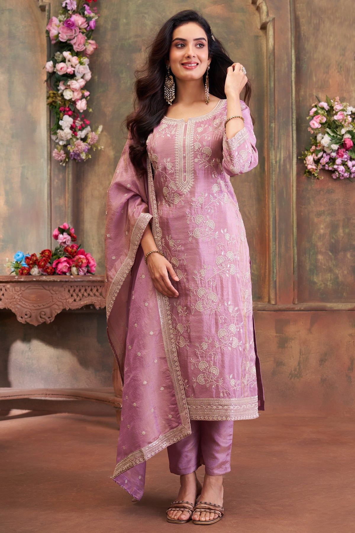 Designer Mauve Pink Tissue Silk Embroidered Straight Cut Suit for festive wear