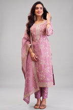 Mauve Pink Tissue Silk Thread Embroidered Straight Cut Suit - Front View