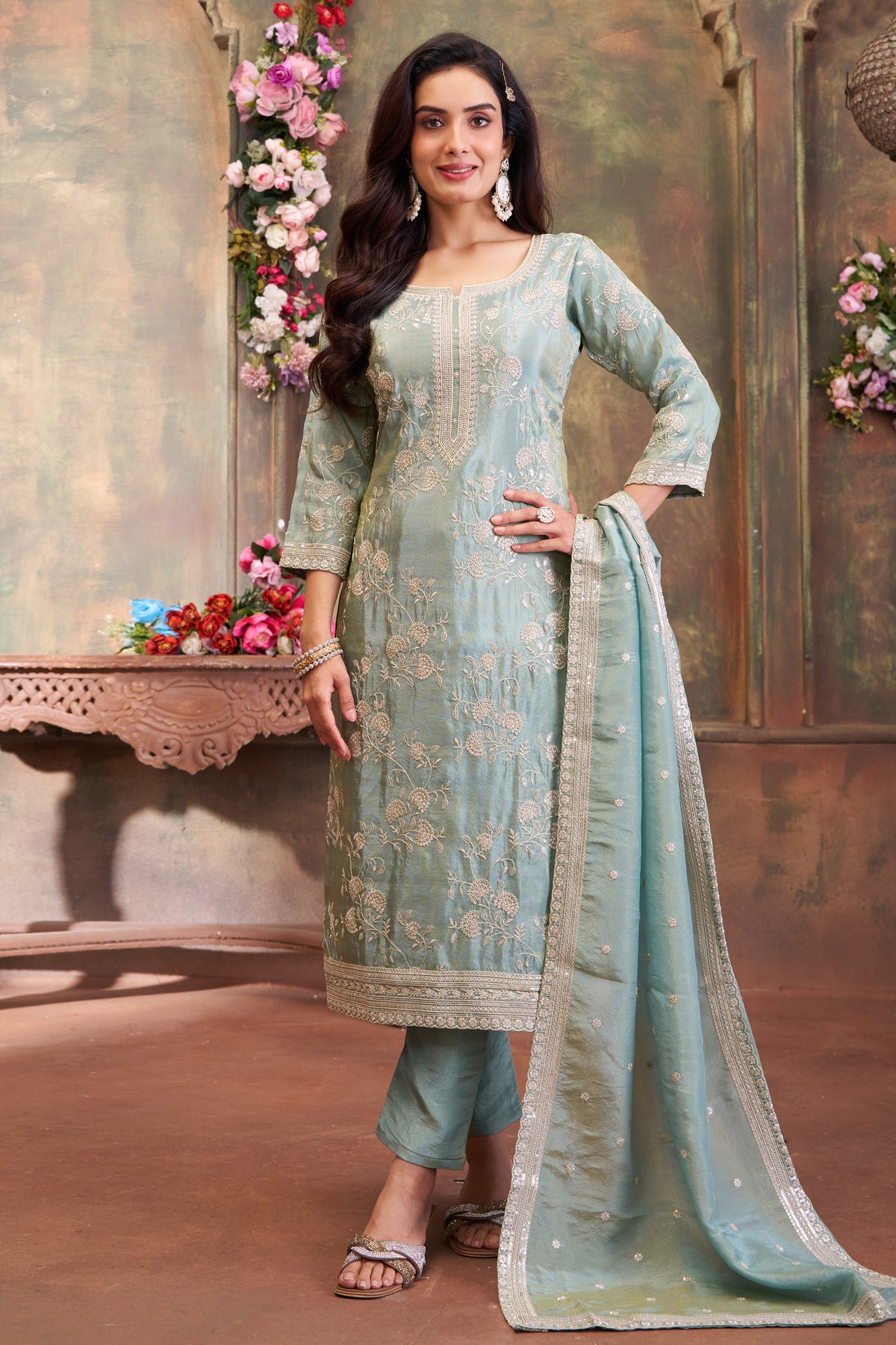 Designer Light Pista Green Tissue Thread Embroidered Straight Cut Suit for festive wear