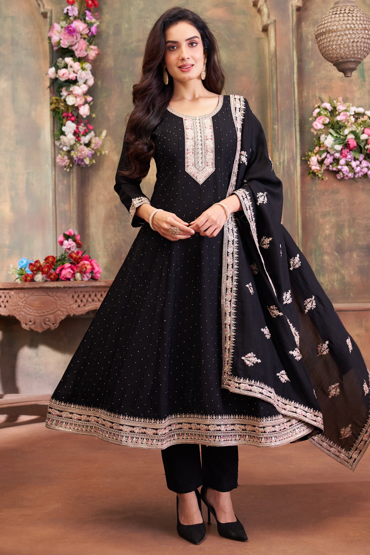 Designer Black Art Silk Embroidered Anarkali Suit for festive and evening wear